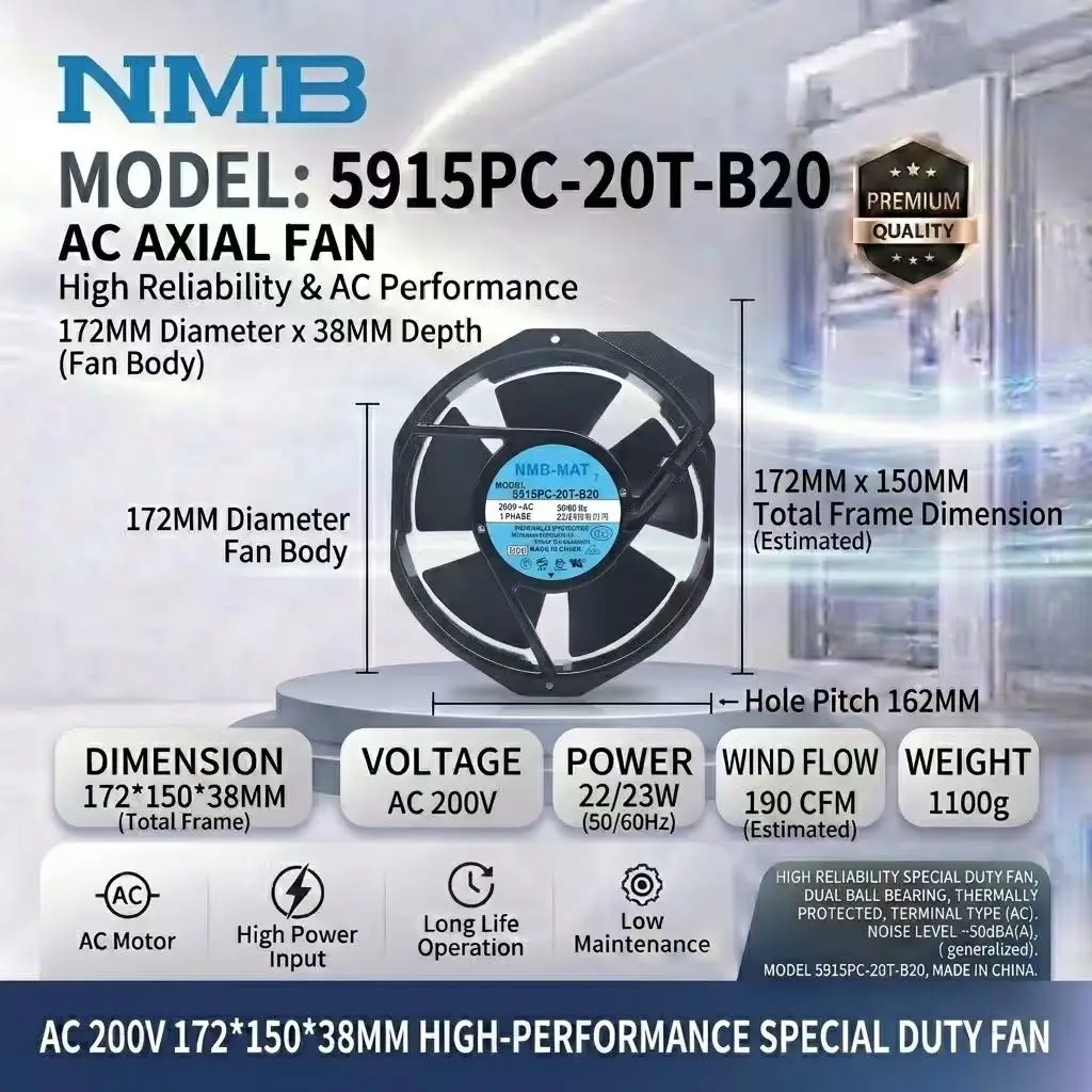 For NMB-MAT 5915PC-20T-B20 17250 172x150x38mm Dual Ball Bearing 23W 190CFM 50dB Cabinet Inverter Server Axial Cooling Fa