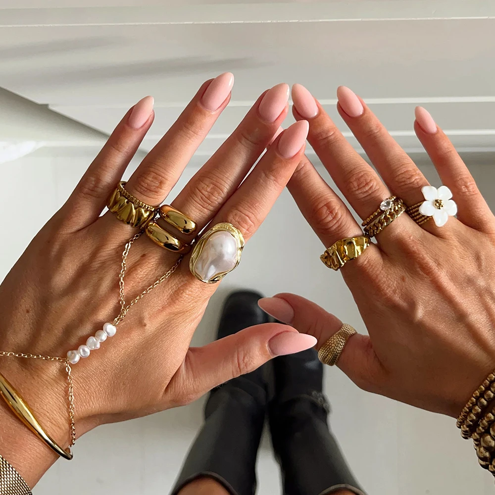 

AIKOER Fashion Alien Pearl Ring 18K Gold Color Plated Stainless Steel Folded Foldable Ring Women's Party Gift