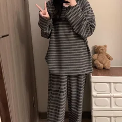 Women Pajamas Set for Home Black and Gray Stripes Sleepwear Long Sleeve Pants Suit 2 Pieces Spring Night Wear Pijamas Feminino