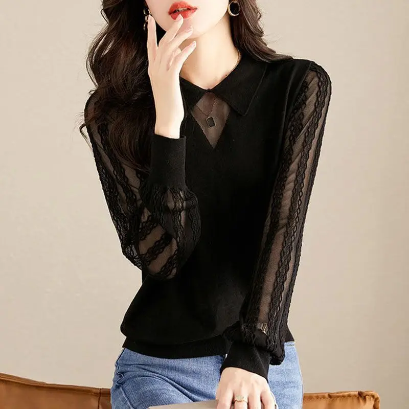 2023 Spring and Autumn Pure Desire Sweet Cool Style Doll Neck Spliced Lace Jacquard Hollow Loose and Versatile Knitted Sweater