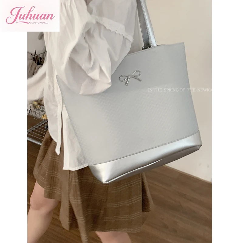 

Japanese College Style Student Class Large-capacity Tote Bag Women's Fashion Versatile Silver Bow Portable Commuter Bag Female