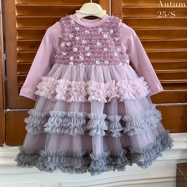 

Костюм для девочек, осень-зима 2022, новая детская одежда, корейский стиль, цветное платье с блестками для девочек, нижний верх, два комплекта