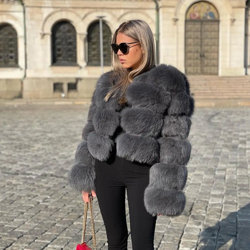 Winter Warm Luxury Fur Coat Women High Street Genuine Fur Outertwear O-neck Segmented Fox Fur Jacket Female