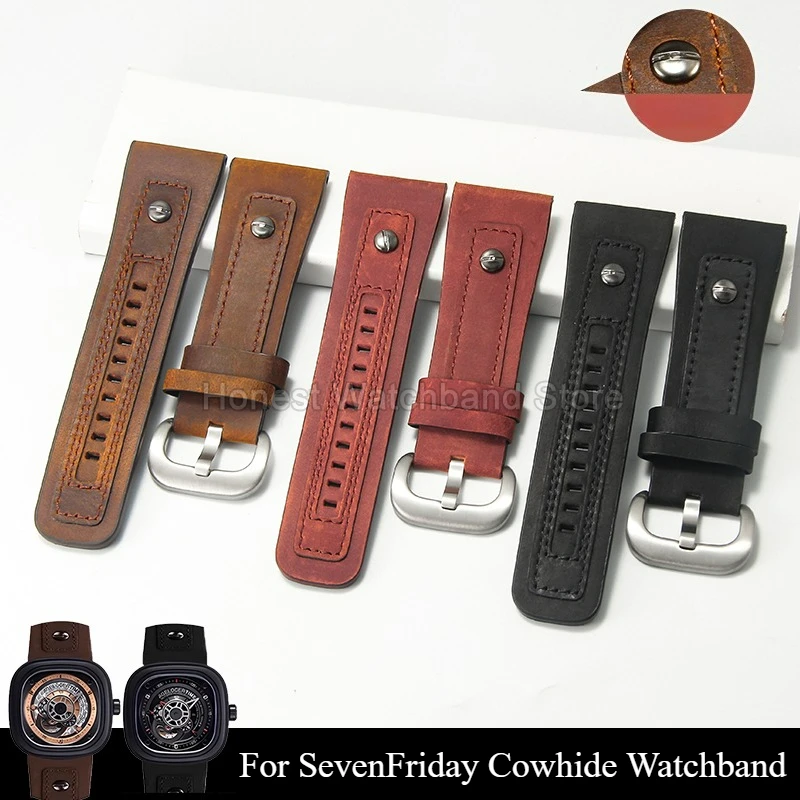 Pulseira de relógio de couro 28mm para SevenFriday B-01 P2 M3 Q1 Elasticidade respirável Resistente a manchas Pulseira de couro genuíno Bown Black