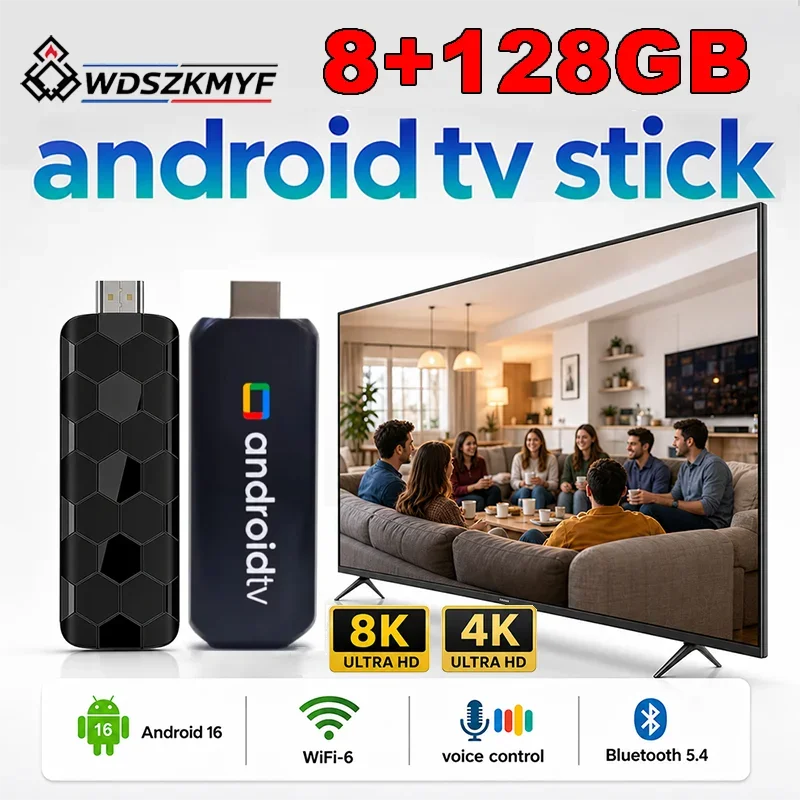 New Android 16 TV Stick WiFi 6 4K 8K Ultra HD Decoder Bluetooth Smart Streaming TV Box Voice Control Remote for Netflix YouTube