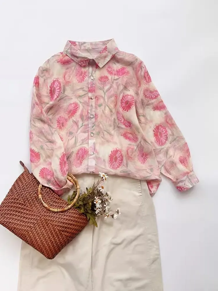 

Pink Floral Print High-Strength Silk irt Women's Faionable Loose Fit Long Sve Ne Regular Length irt