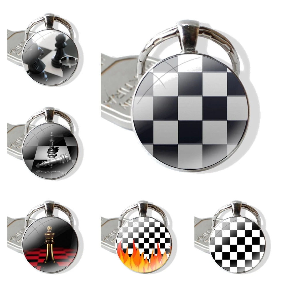 Keychain Handmade Glass Cabochon Key Ring Holder Pendant Key Chains Black and white chess board