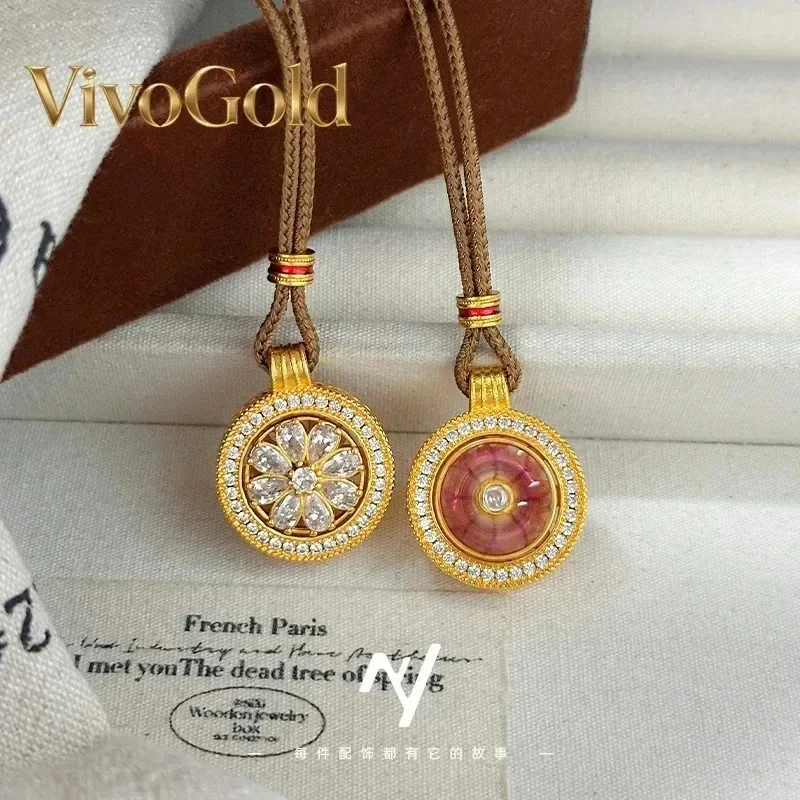 VivoGold Luxury Women's 9999 24K Real Gold New Chinese Diamond-Inlaid Sunflower Compass Pendant Rotating Zircon Pendant