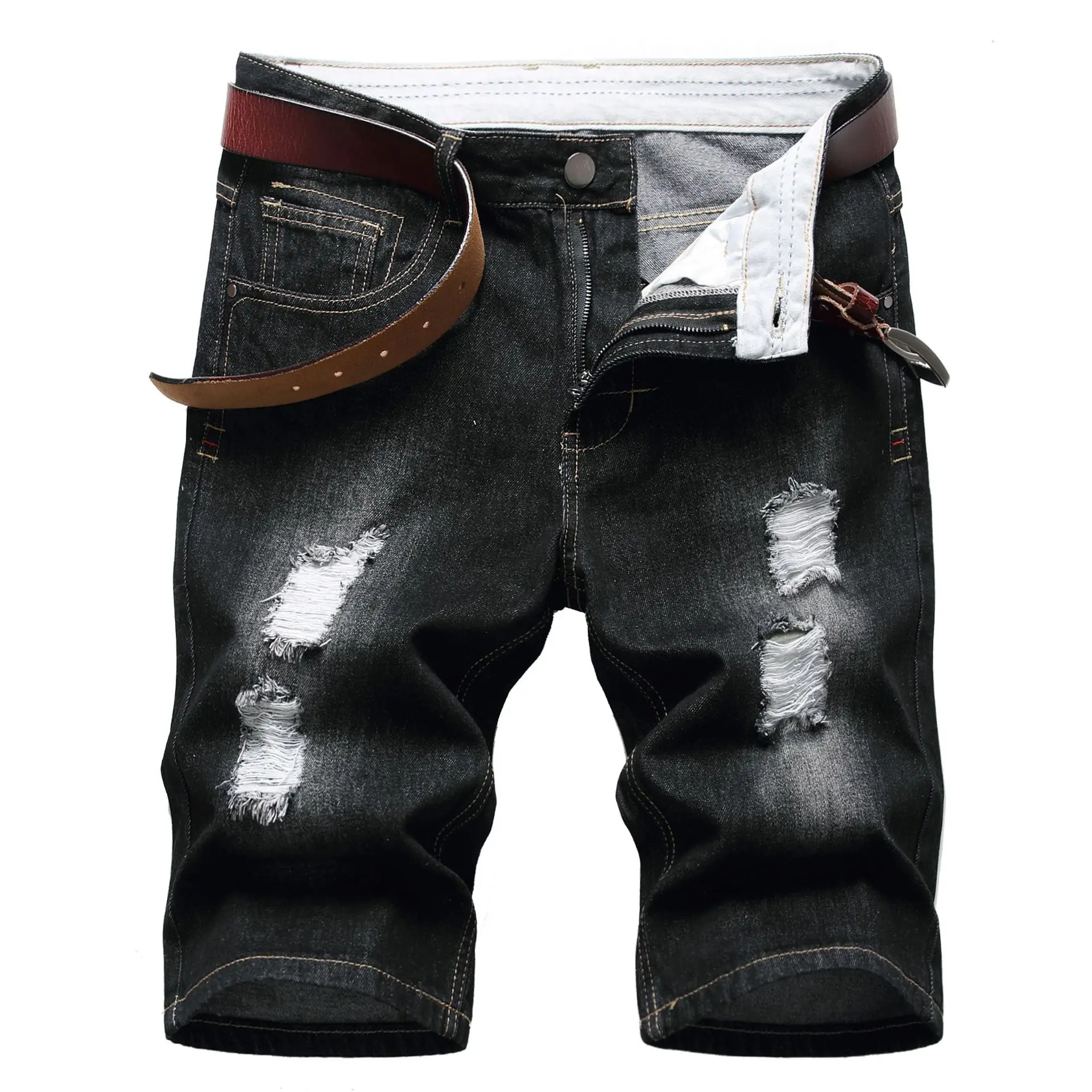 

Men's Foreign Trade Denim Shorts Summer Cotton Ripped Light Color Men's Mid Pants Slim Fit Shorts