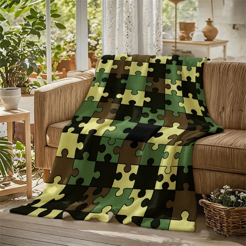 Camo Puzzle Pieces Green Flannel Blanket Perfect for Sofa Office Bed Travel Sleep Read Relax Camping Four Season Use
