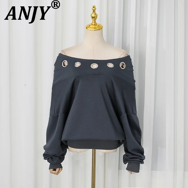 ANJY Spring Autumn Women Korean Style Trendy Slash Neck Design Hollow Out Sweatshirt Loose Casual Off Shoulder Hooded Top A28283