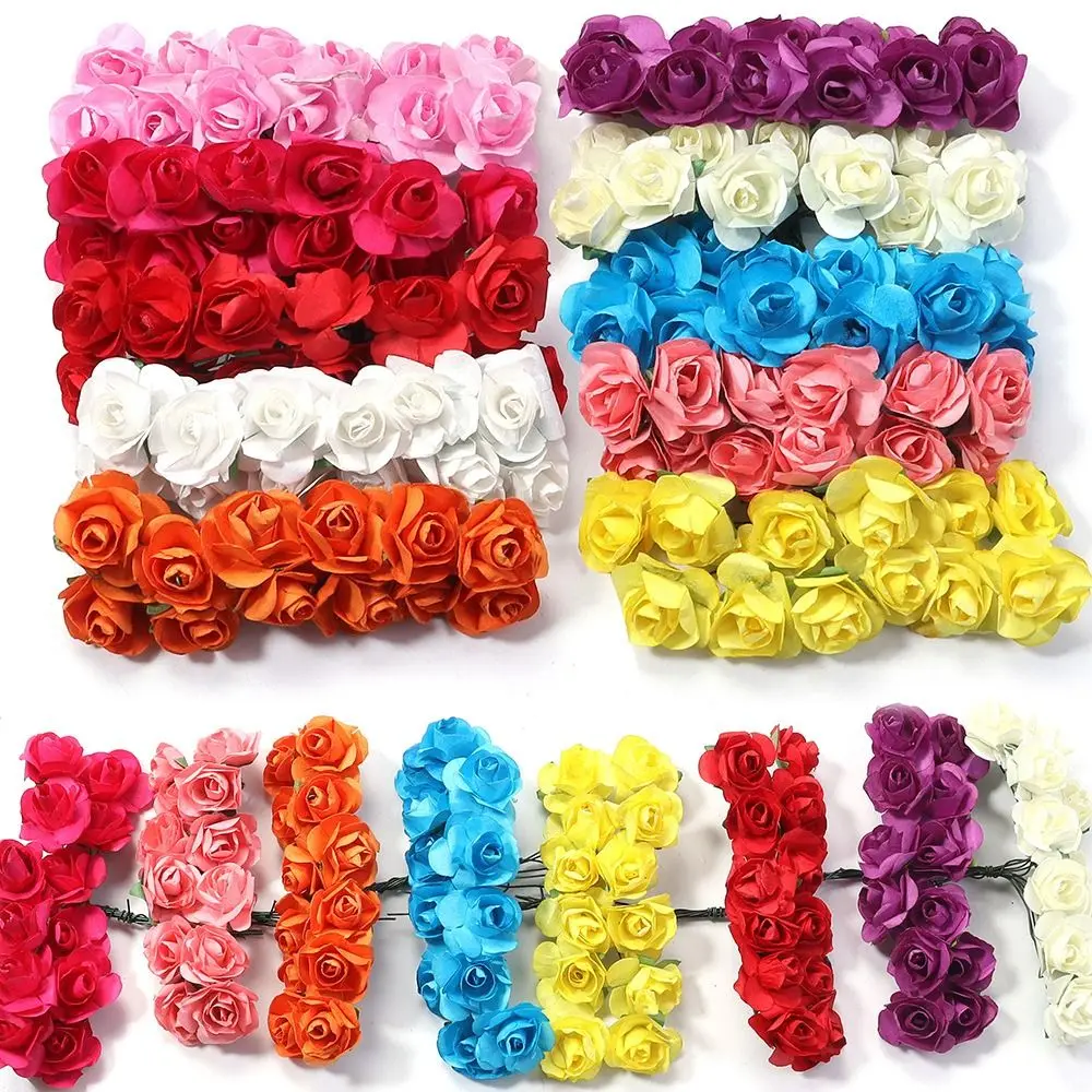144PCS Mini Artificial Rose Flower 2CM DIY Fake Flower Bouquet Paper Rose Home Decor Artificial Flowers Bouquets