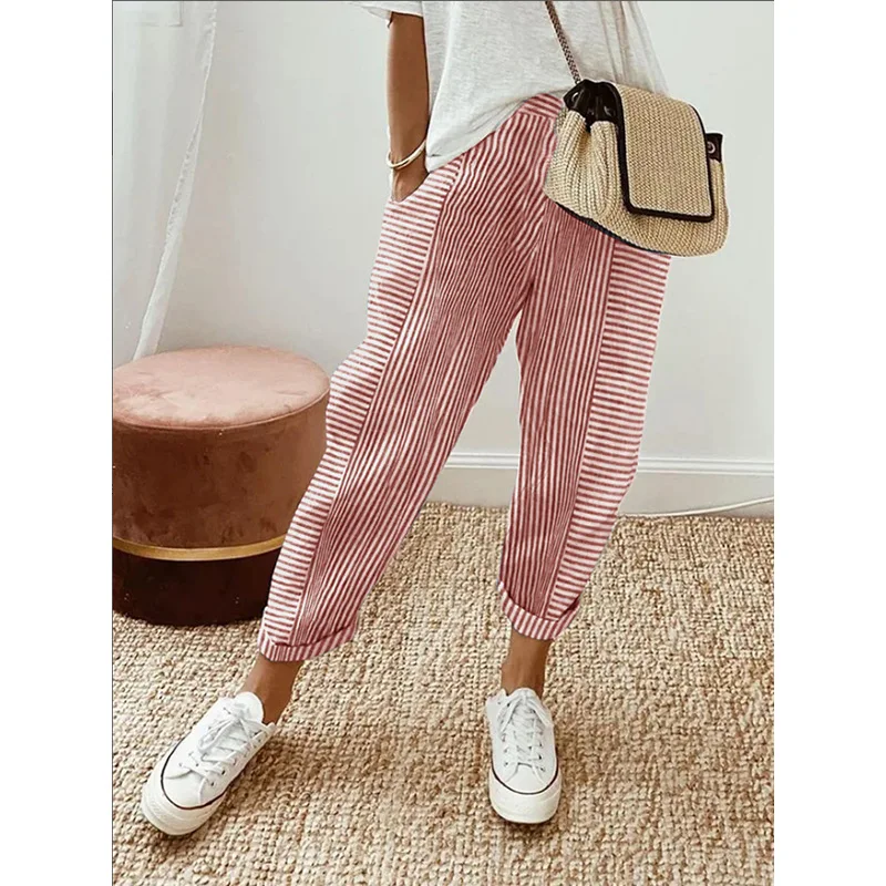 Summer Women's Cropped Pants With Woven Jacquard Stripes And Patchwork Design Loose Casual Pants For Women
