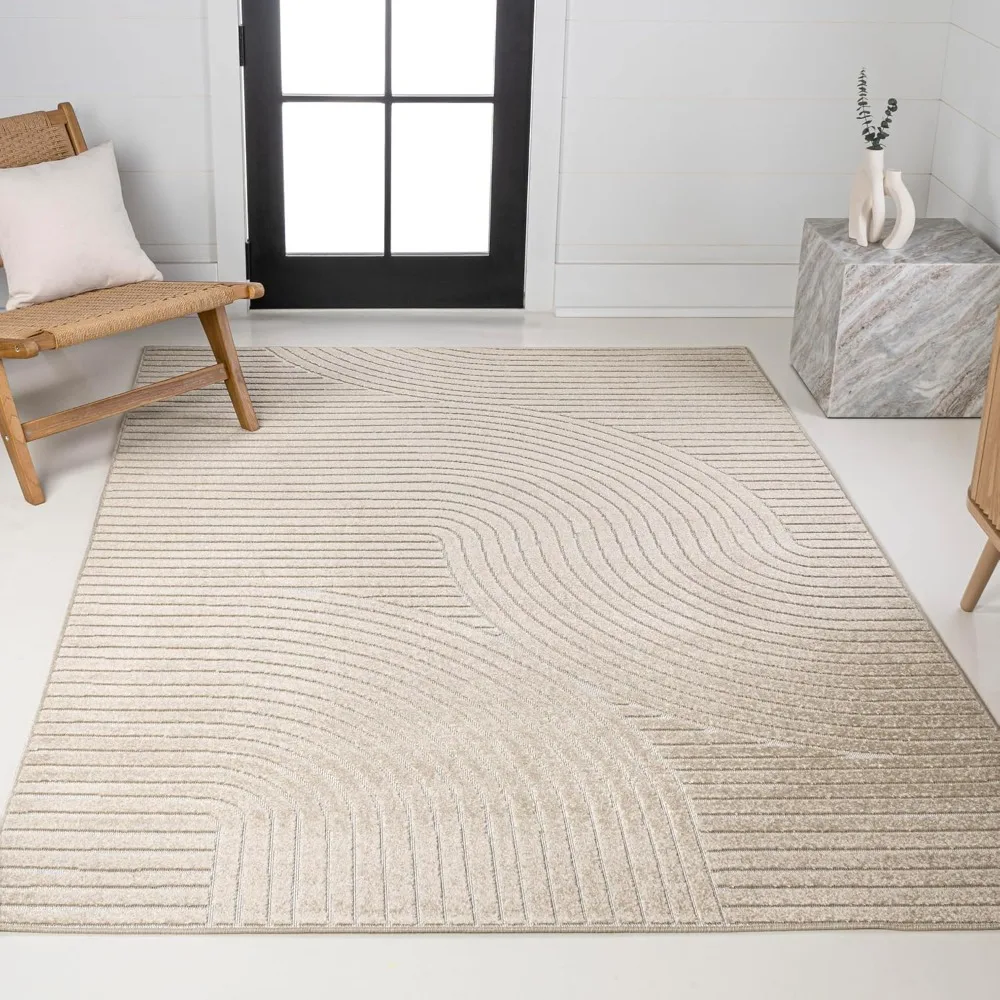

High-low Curve Beige/cream 8x10 Indoor/outdoor Area Rug, Minimalist Geometric, Pet Friendly, For Patio, Backyard, Living