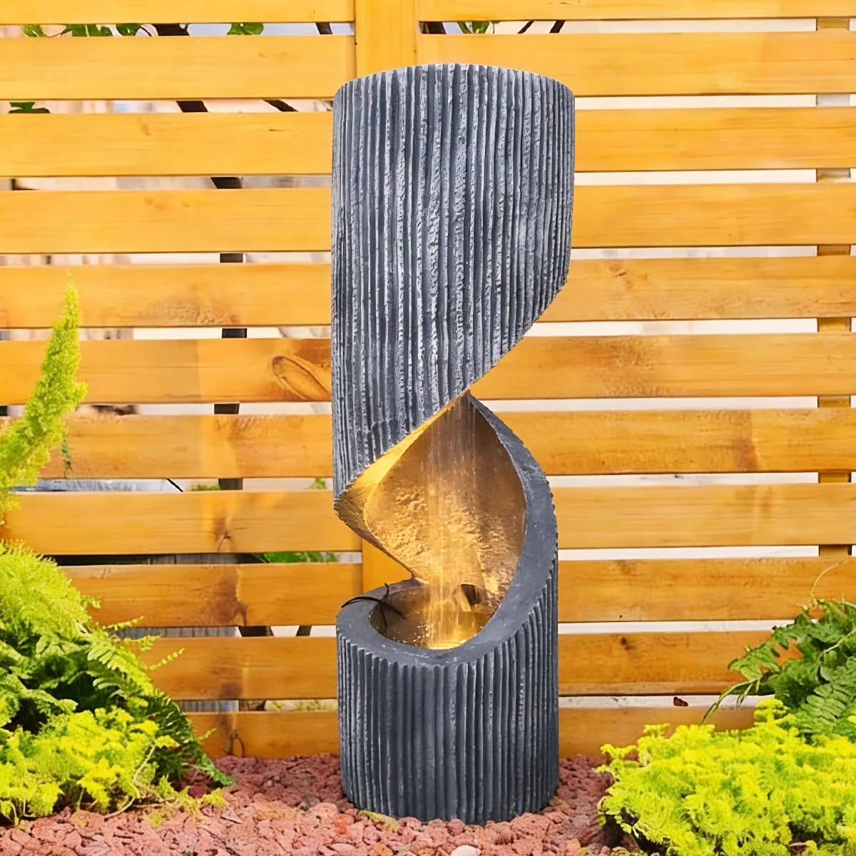 

US Stock Garden Freestanding Spiral Geometric Waterfall Outdoor Water Fountain With Led Lights for Lawn Patio Decor