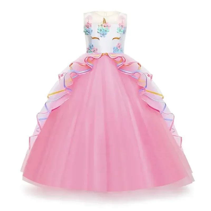 Long Girls Christmas Unicorn Princess Dress Children Wedding Party Floral Ball Gown For Kids Rainbow Birthday Costume 3-12 Yea D