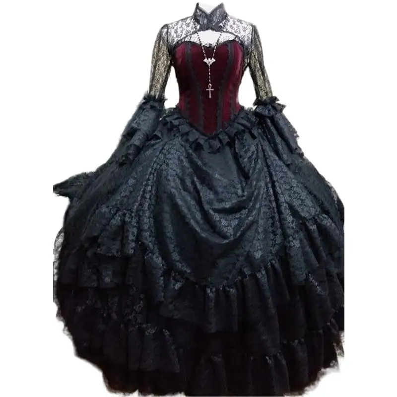 Abiti da sposa da vampiro steampunk nero gotico vittoriano abiti da ballo da sposa in pizzo abito da ballo gotico a maniche lunghe svasato