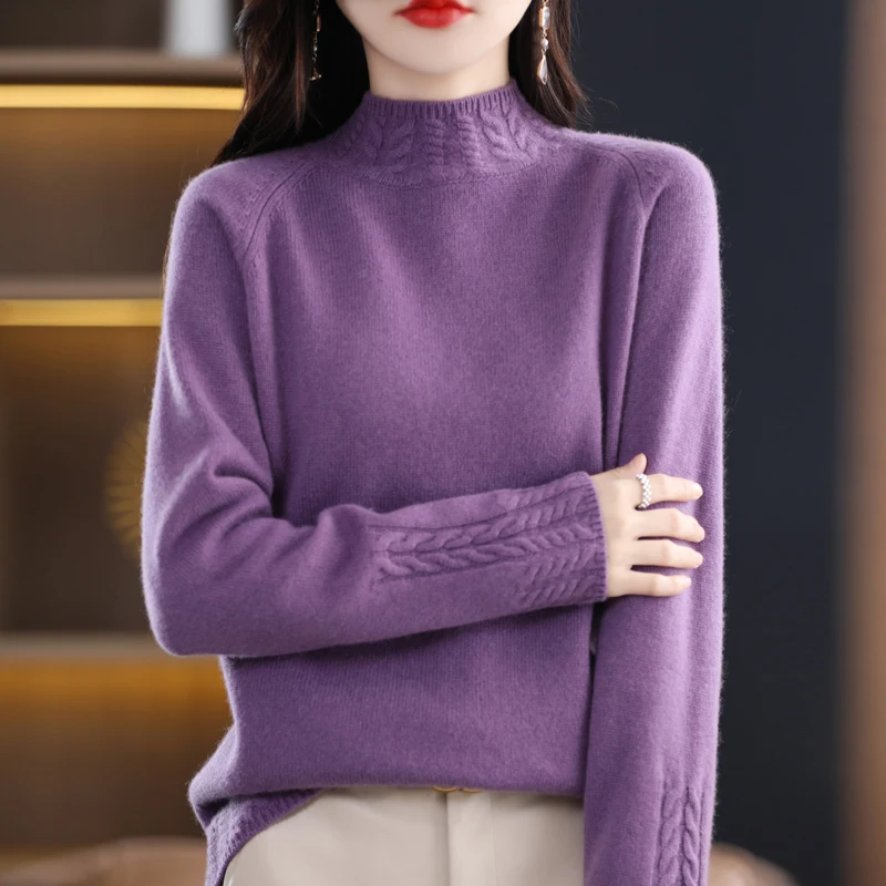 Autumn  Winter New Half High Neck Andy Cashmere Seven Needle Thick Woolen Sweater Woman\'s Long Sleeve Pullover Loose Knit Bottom