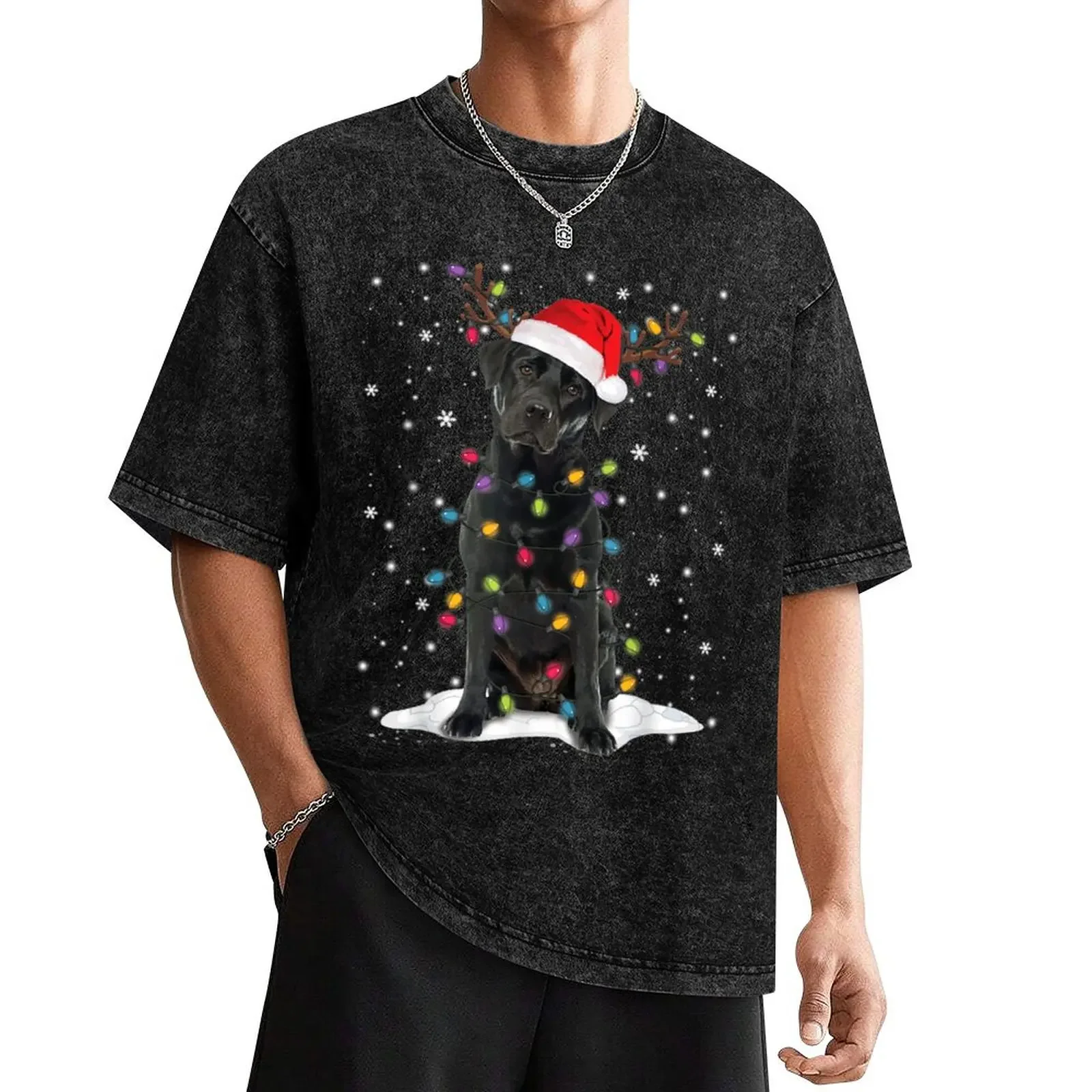 Black Labrador Xmas Dog Christmas Tree Light T-Shirt for a boy vintage plus size clothes graphic t shirt vintage T-shirt men