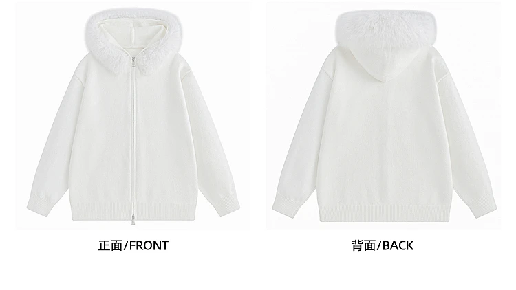 2025 Winter New Simple Fur Collar Hooded Knit Sweater Stylish Men's Fashion Trend Casual Loose Zipper Cardigan Sweater Jacket