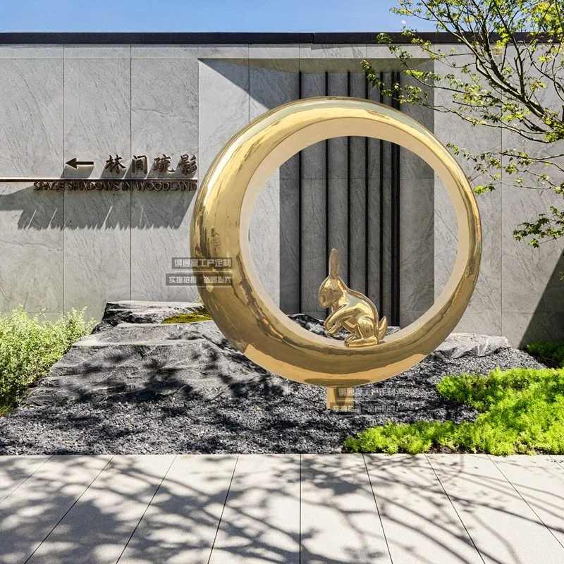 Garden Landscape Community Hotel Decoration Stainless Steel Metal Animal Rabbit Moon Circle Mirror Sales Office Sculpture