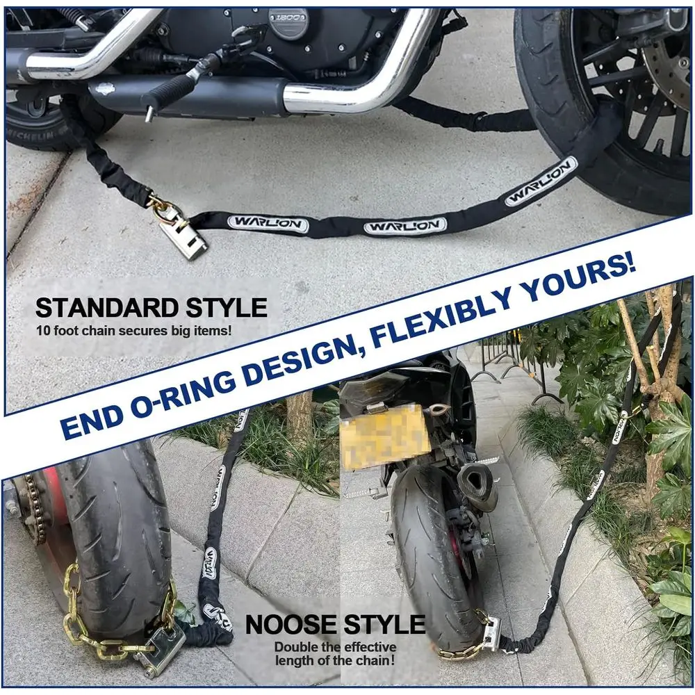 سلسلة أمان شديدة التحمل، سلسلة دراجات نارية سميكة 10 أقدام × 3/8 بوصة مقاومة للسرقة ومقاومة للقطع مع حلقة أربطة - مولدات آمنة، Ebik