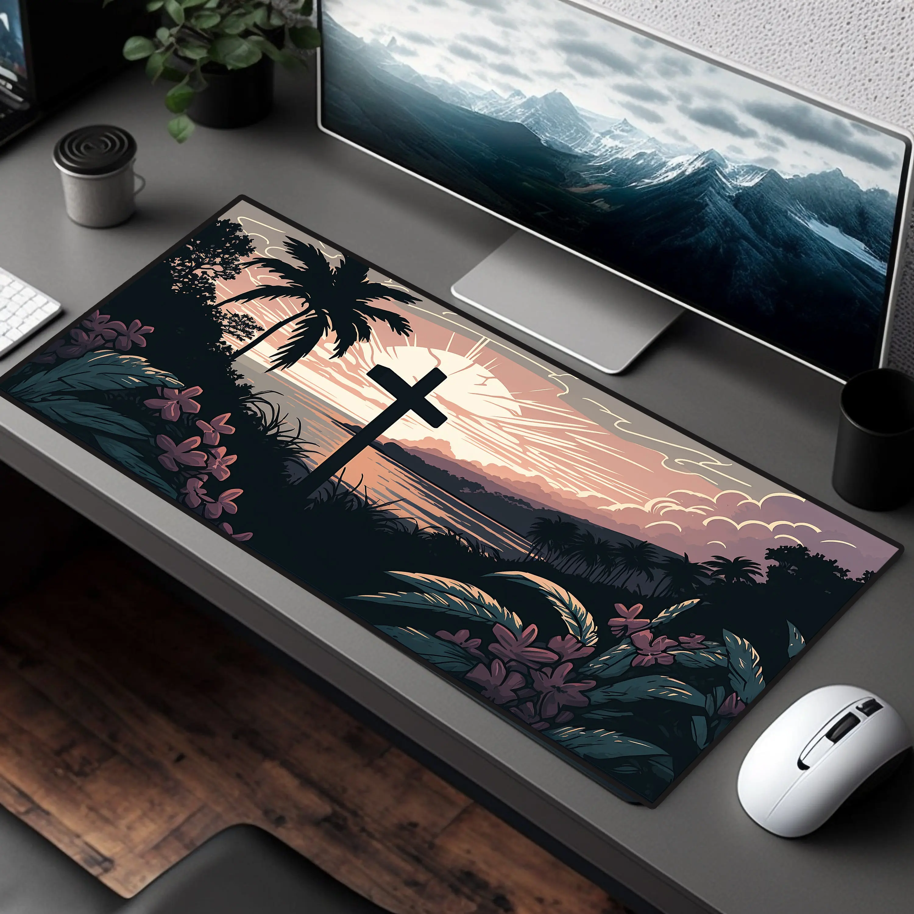 Cross Art Deskmat Cross Mousepad Bible Mouse Pad Beach Cross Desk Mat Biblical Desk Pad Christian Mousemat Keyboard Computer Mat