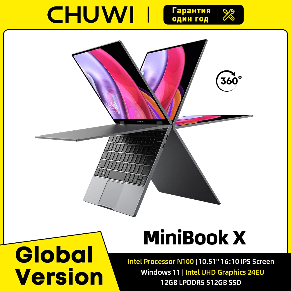 CHUWI MiniBook X 노트북 태블릿 노트북, 윈도우 11 노트북 태블릿, 투인원 360 ° 플립 10.51 인치 인텔 N100, 12GB LPDDR5 512G SSD