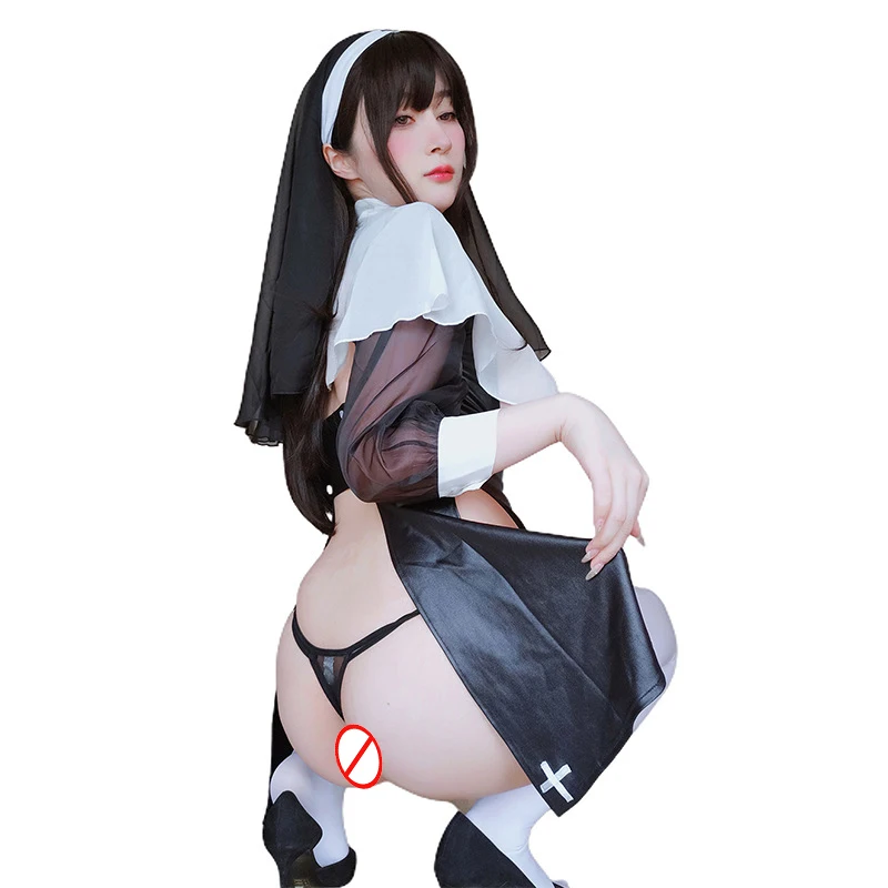 Sexy Nun Cosplay Women Lingerie Hollow Out Nun Cosplay Costumes Maid Uniform Long Sleeve Ultra Dresses Halloween Party Outfits