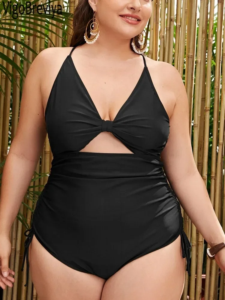 

VigoJany 2025 Sexy Black Strapped Plus Size Swimwear Women Push Up Hollow Large One Piece Swimsuit Beach Chubby Big Bathing Suit