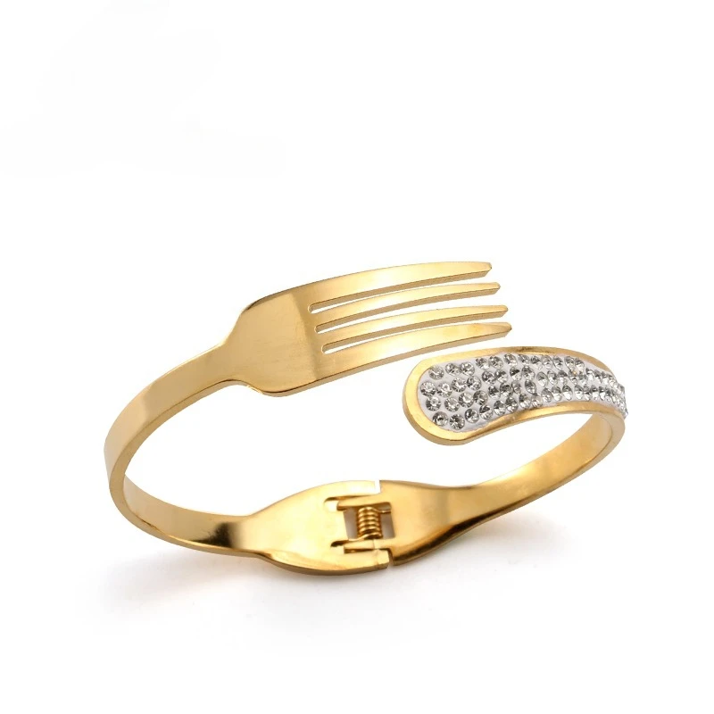 2025 Nueva pulsera brazaletes de acero inoxidable personalizados color dorado joyería original artística como tenedor