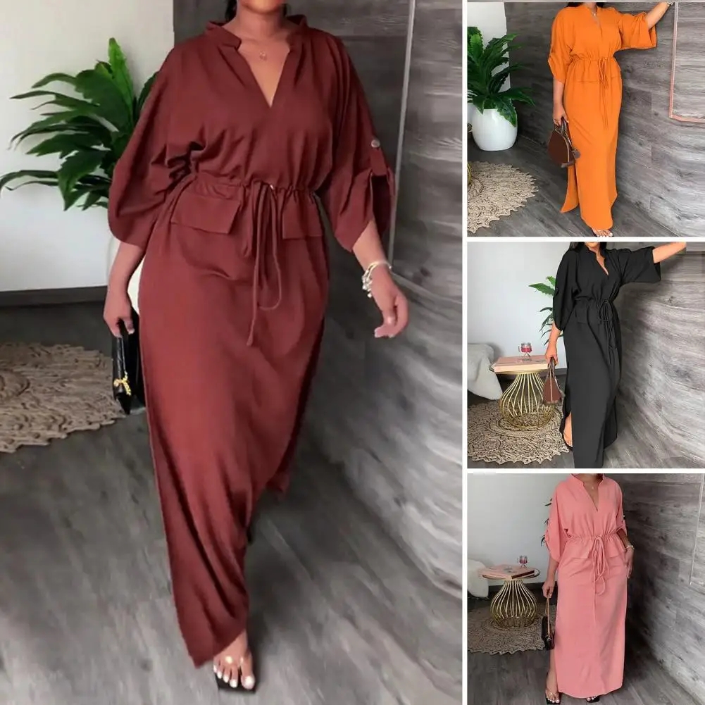 

Loose Fit Dress Fall Dress Elegant V Neck Maxi Dress with Drawstring Waist Side Split for Wear Commuting Dating in Summer Fall