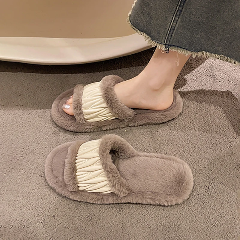 Casual Fluffy Slippers Women Home Fashion Popular Plush Winter Designer Shoes Girls Flats Chic Elegant Platform Slippers Indoor