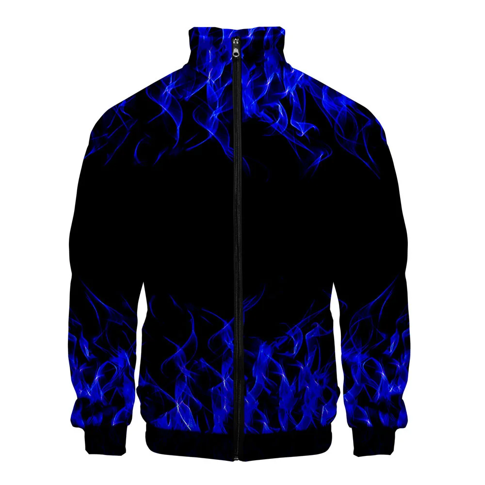 Blue Green Red Purple Flame 3D Printed Men's Jackets Harajuku Cardigan Stand Collar Zipper Baseball Jacket Outerwear Coats