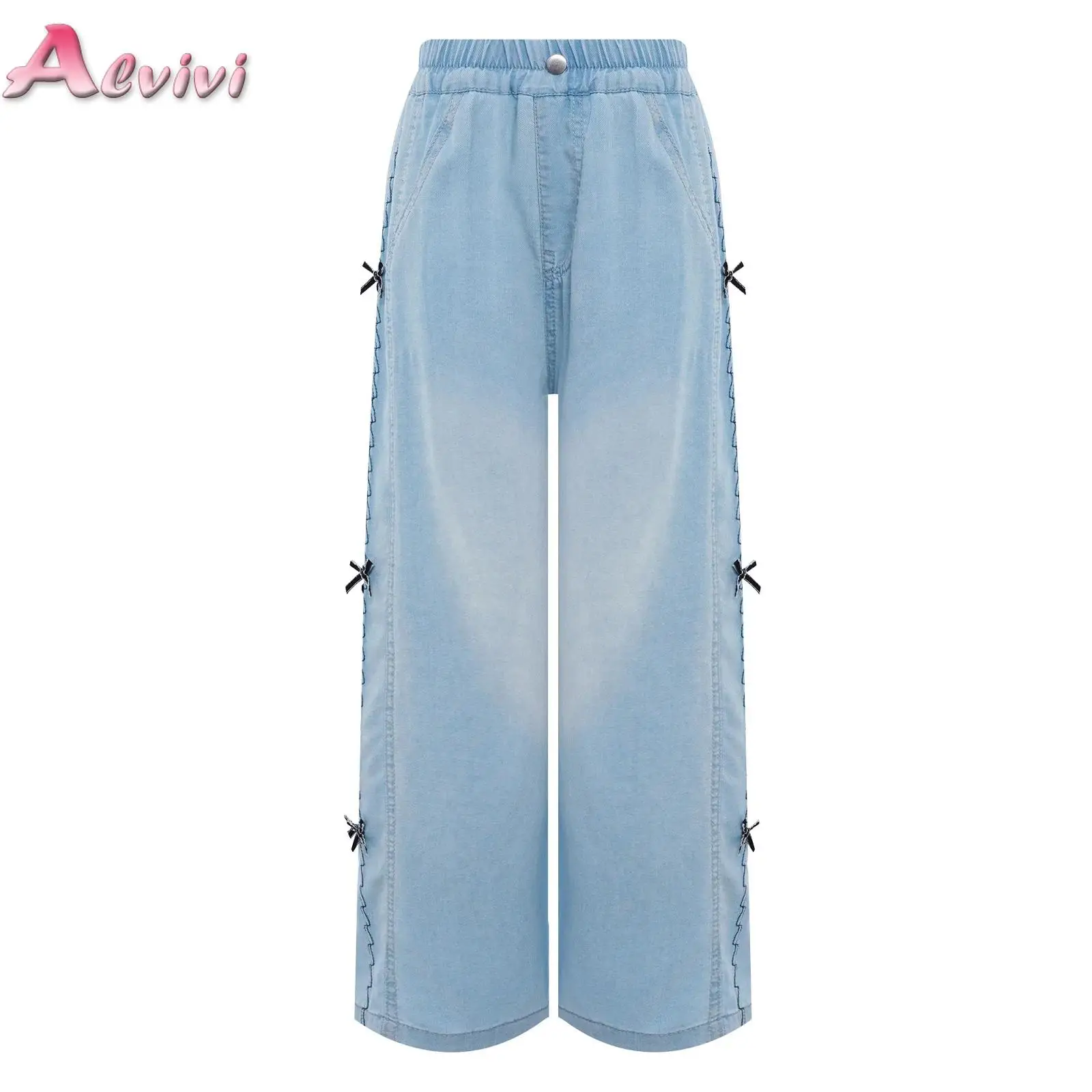 

Kids Girls Cute Bowknots Jeans Elastic Waistband Wide-Leg Denim Pants with Pockets for Park Picnic Holiday