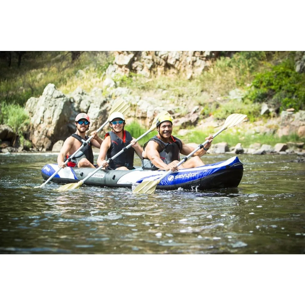 3-Person Inflatable Kayak with Adjustable Seats & Carry Handles, Heavy-Duty PVC Construction for Rugged Use & Bost