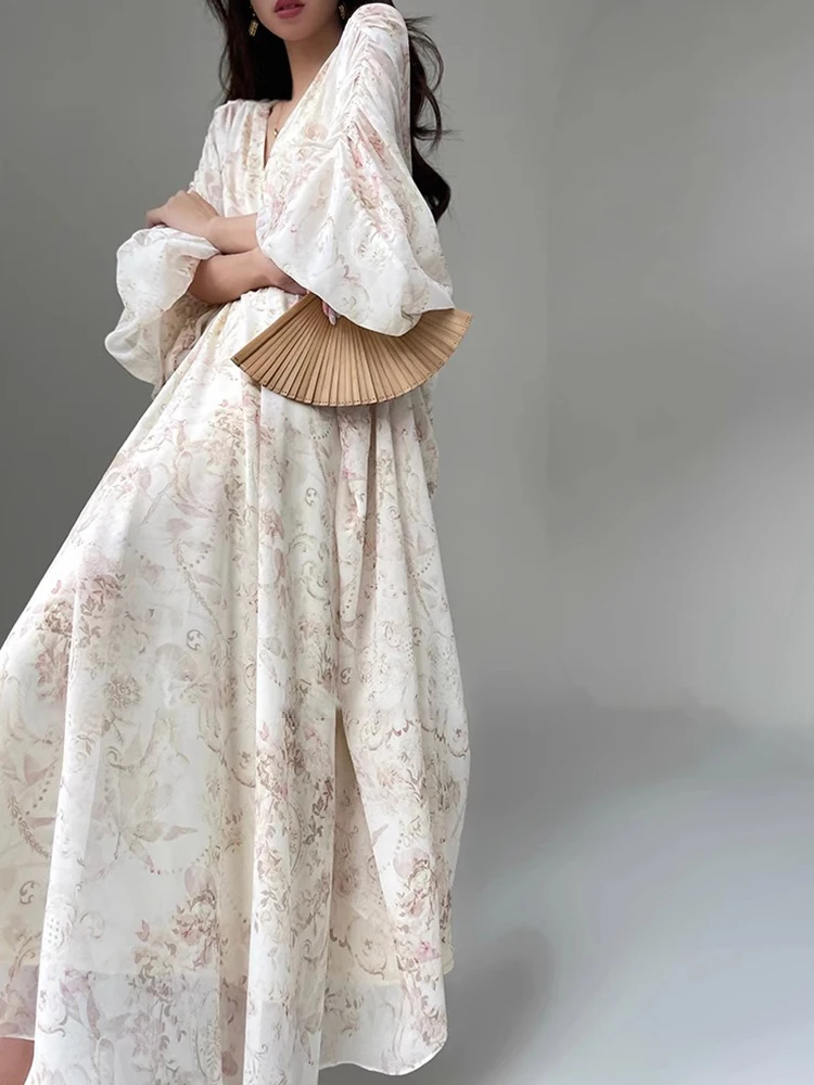 Loose Printing V Neck Batwing Sleeve Minimalist Elegant Dress Dresses For Women 2024 Luxury Brand High Quality