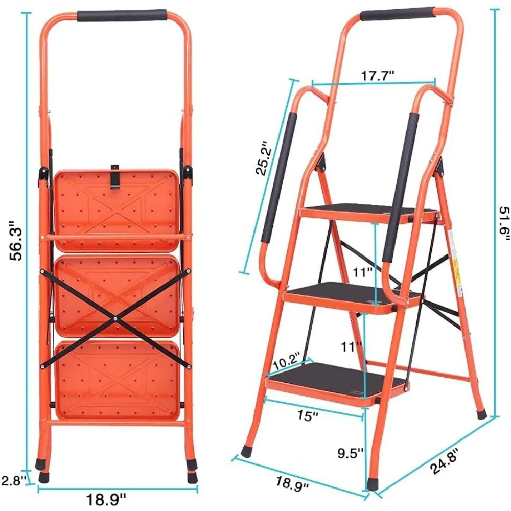 Scaletta portautensili pieghevole in acciaio a 3 gradini con impugnature imbottite e pedali larghi
