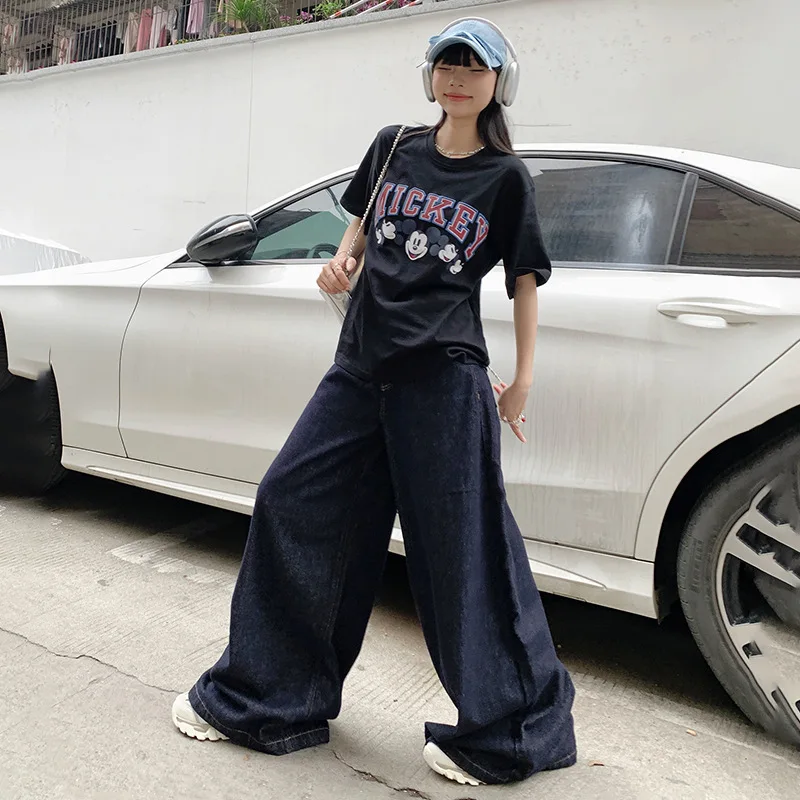 

Street Y2K New Harajuku Dark Blue Solid Wash Loose Jeans Women's Fashion Retro Casual Slimming High Waist Floor Slam Pants