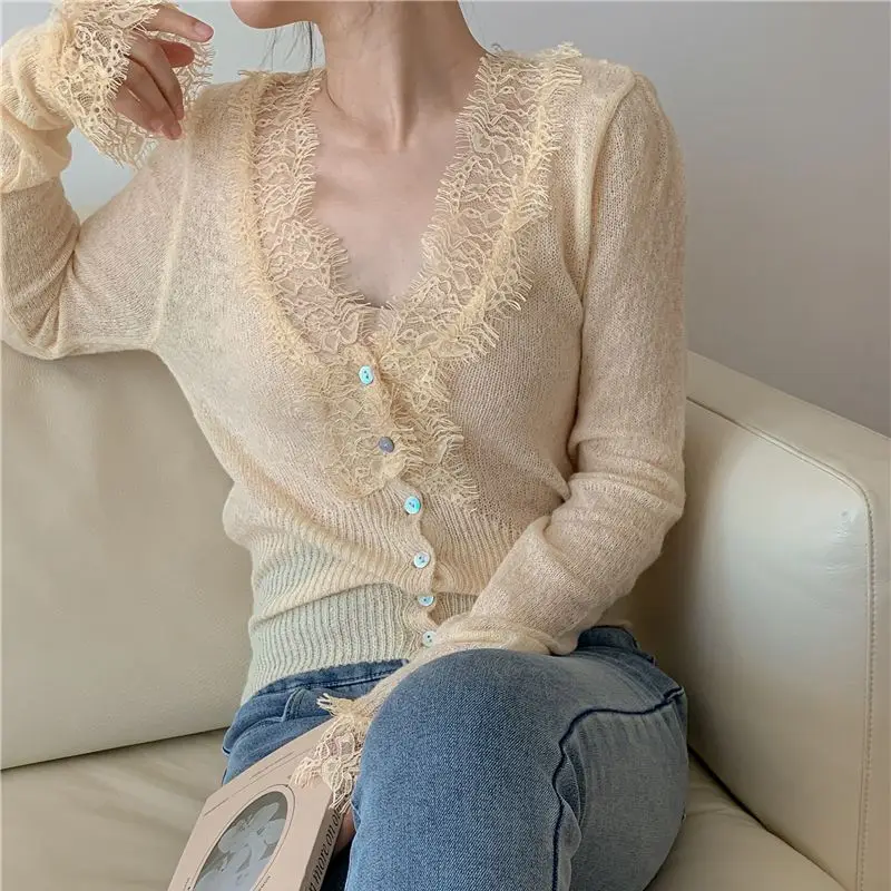 New 2025 Fashion Chic Vintage Sweater Lace Women Autumn Winter Knitted V-Neck Cardigans Elegant Tops