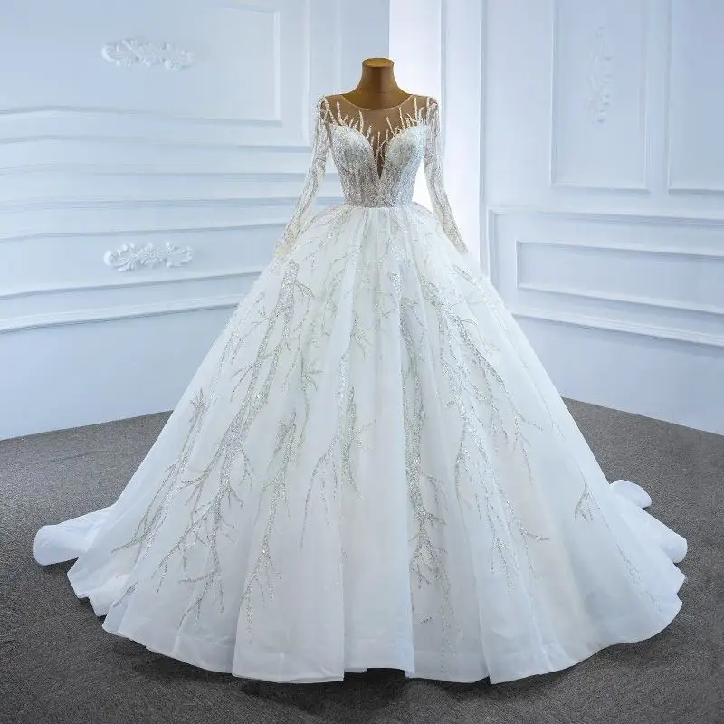 

Gorgeous Scoop Neck Spark Heavy Beads Sequins Wedding Dresses Robe De Mariée Long Sleeves Plus Size Ballgown Bridal Gowns