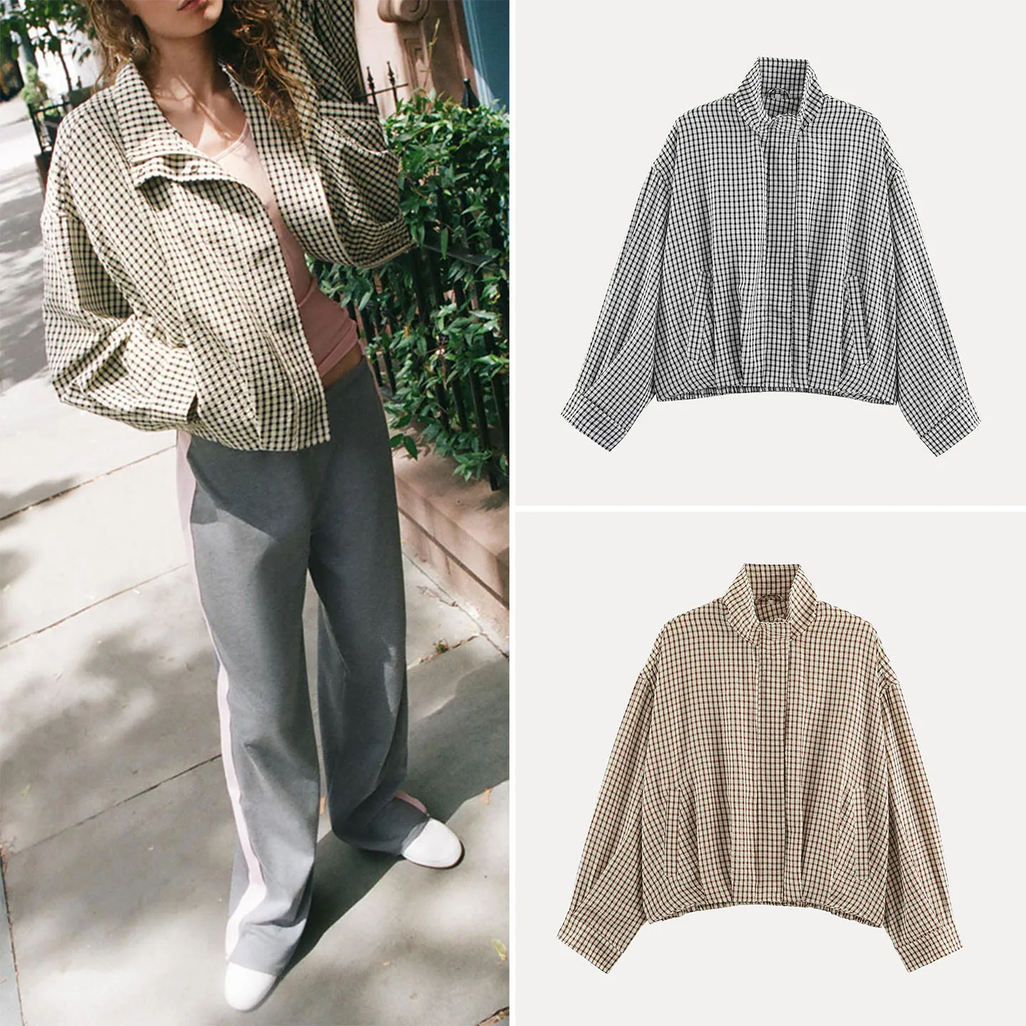 Women's Autumn 2026 Plaid Pilot Jacket Long Sleeve Stand Collar Outerwear Standard Fit Zadata Brand Other Material 100%
