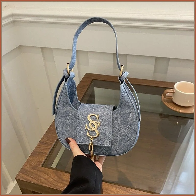 

2025 Summer Blue Crescent Bag, Minimalist Underarm Purse for Women, Vintage Top Handle Tote, Luxe Day-to-Night Bag, Textured