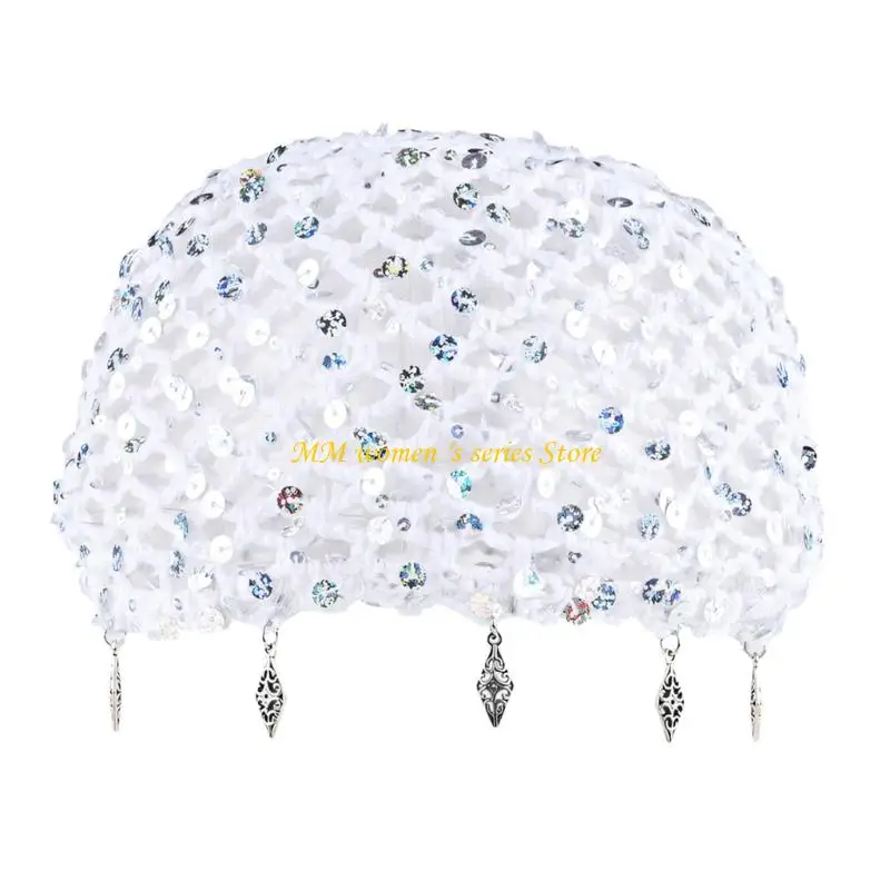 Q39C Crochet Skull Cap with Disc Embellishment Open Weave Pull On Hat Size 55-59 for Party and Evening Styling