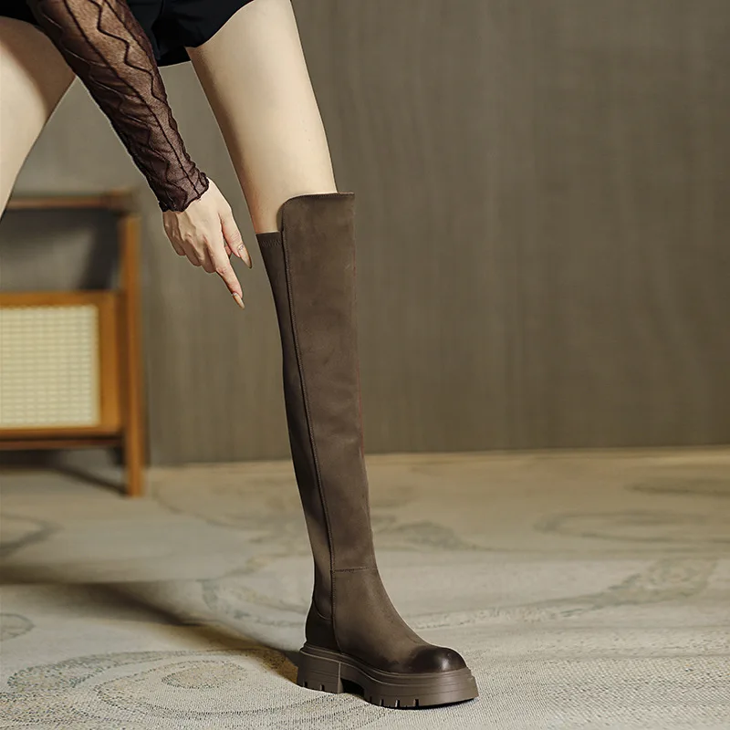Women Flats Shoes Platform Pleated Chelsea Over The Knee Boots 2025 Winter Trend New Gladiator Suede Boots Goth High Sock Botas
