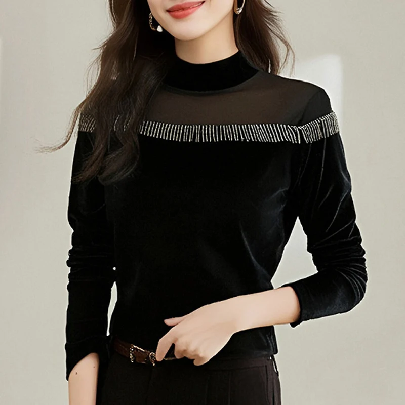 2024 New Fashion Gold Velvet Women Blouse Casual Long Sleeve Bottoming Shirt Autumn Winter High Collar Patchwork Mesh Tops