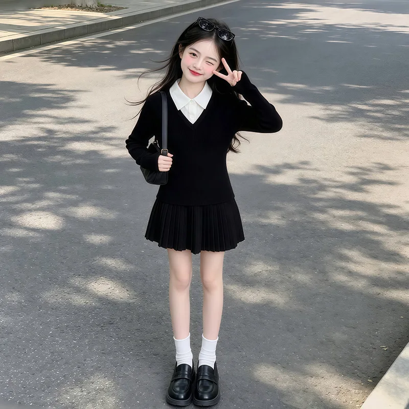 Autumn Winter Preppy Girls Clothing Set Long Sleeve Teens Kids Knitted Sweater Blouse And JK Pleated Skirt for Ages 14-16