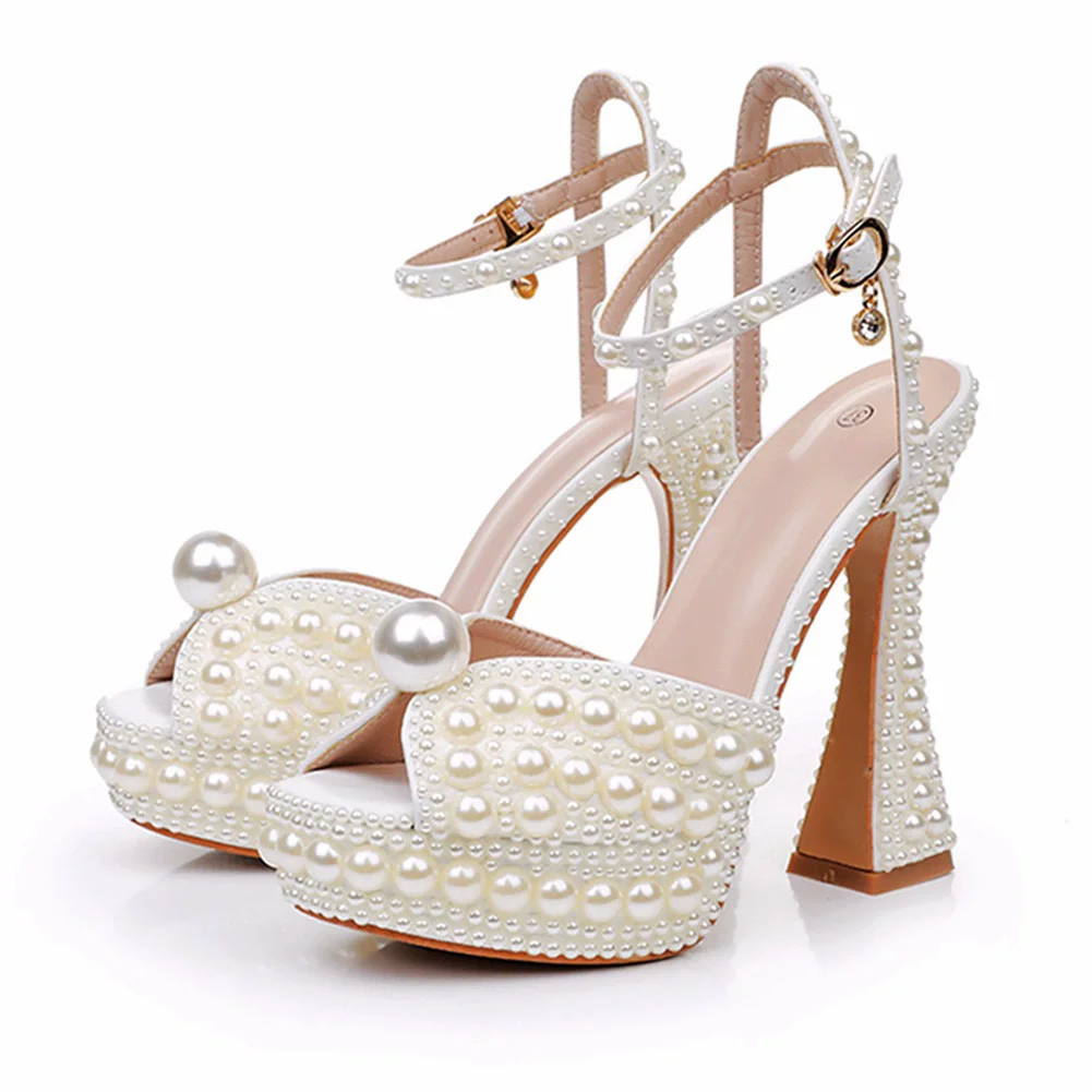 

Summer new fish mouth large pearl waterproof platform heel wedding shoes banquet large size thin high-heeled women's sandals
