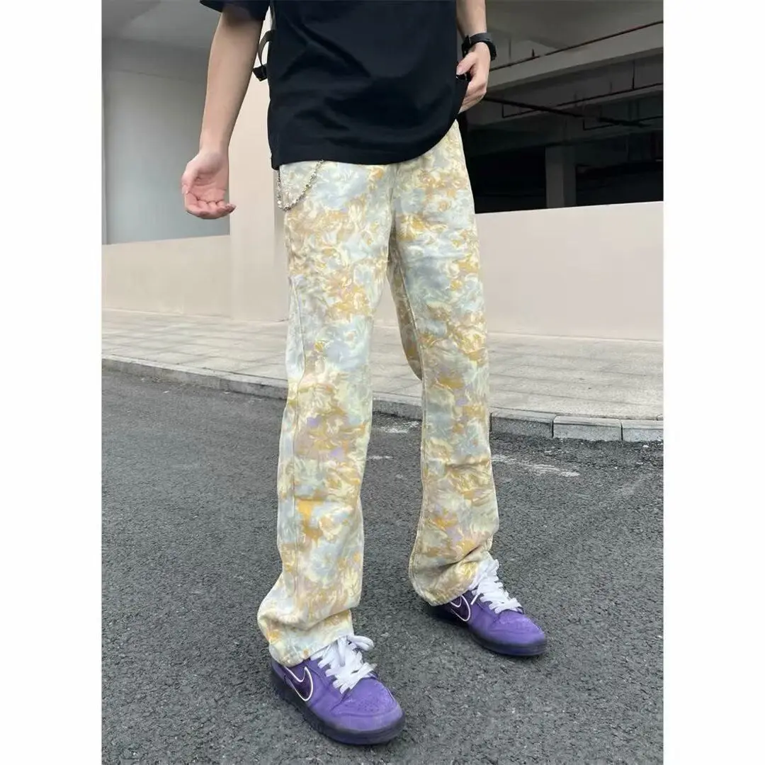 

Hong Kong Style Hip Hop Letter Print Men's Jeans Trendy High Street Fashion Long Pants Youthful Autumn Wear Slim Fit Jeans