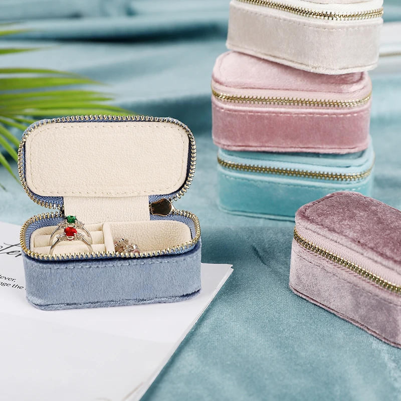 1pcs Mini Velvet Ring Box Jewelry Storage Case Single Layer Earrings Necklace Organizer Candy Color Zipper Bag Travel Portable